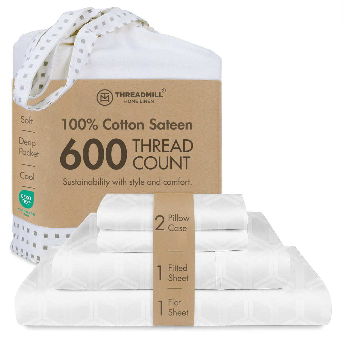 Threadmill 600 Thread Count Cotton Queen Sheet Set, Sateen, Dark Grey