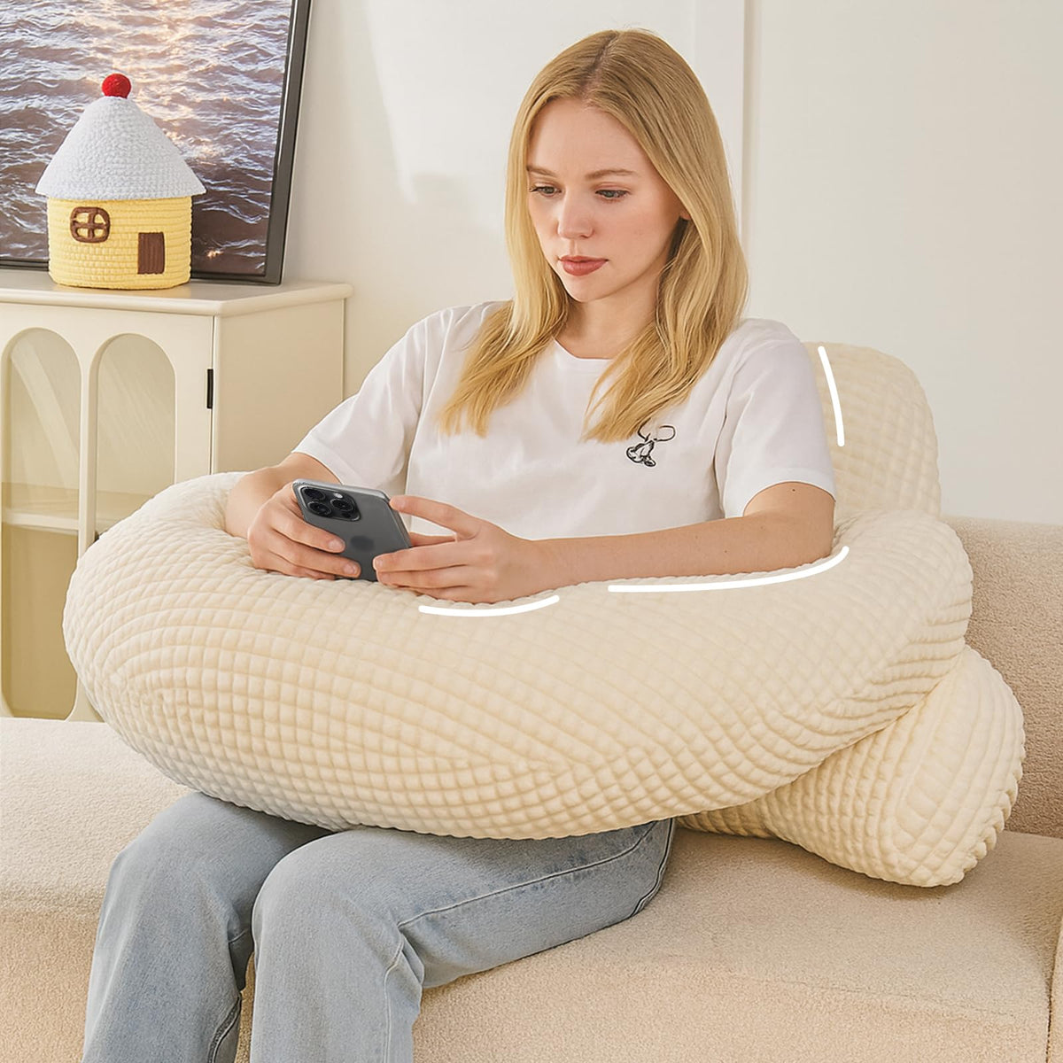 Reading Pillow for Sitting in Bed with Arm,White Corduroy, M