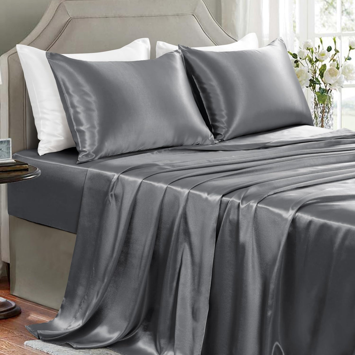 Satin Sheets Full Size - 4 Pieces Luxury Silky Soft Bed Sheets, Wrinkle-Free Black Satin Silk Sheet Set with 1 Deep Pocket Fitted Sheet, 1 Flat Sheet, 2 Pillow Cases