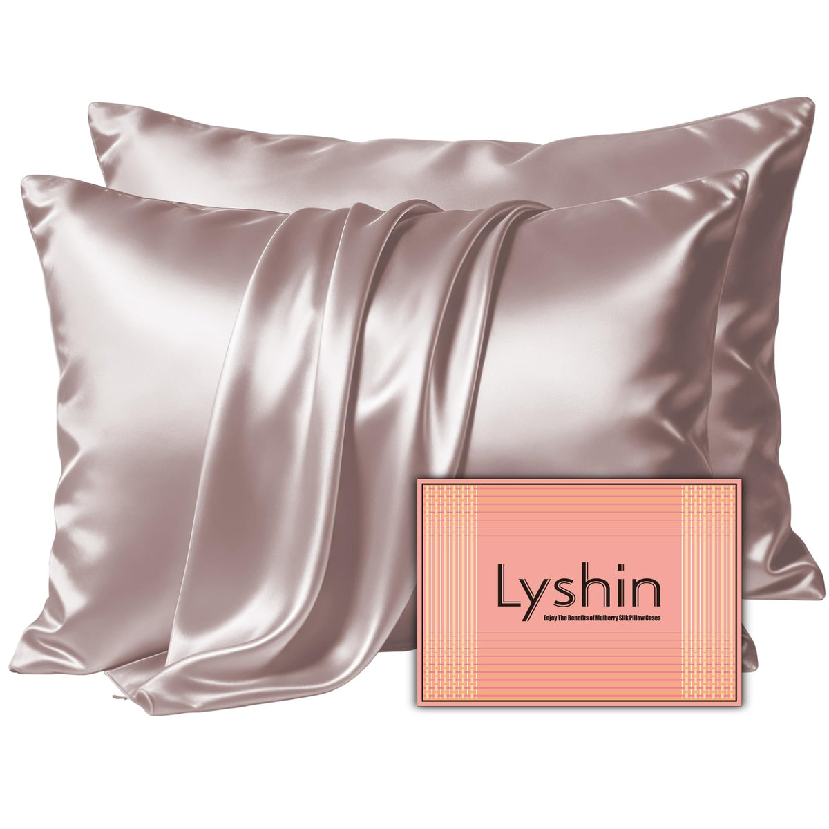 LYSHIN Silk Pillow Cases 2 Pack Standard Size with Zipper, Champagne