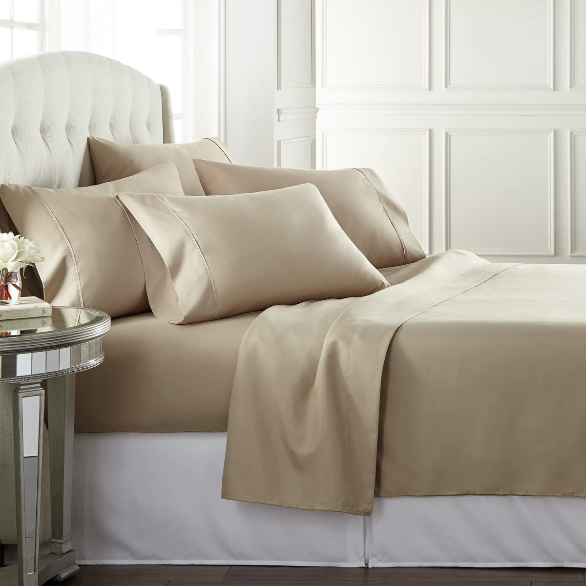 Danjor Linens Bed Sheet Set Queen Size for Hot Sleepers, Hotel Premium Sheets with 4 Pillowcases, Lightweight Brushed Microfiber Deep Pockets, Breathable Cooling 6 Piece Bedding Sets, White