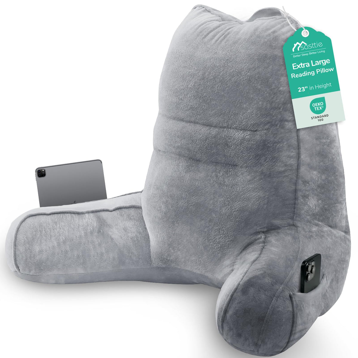 Sasttie Reading Pillow for Bed, Back Pillow for Sitting Up, Dark Grey