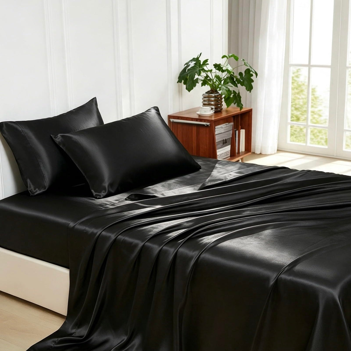Silk like Satin Sheets, Queen Size Bed Sheet Set, Light Gray, 4 Piece