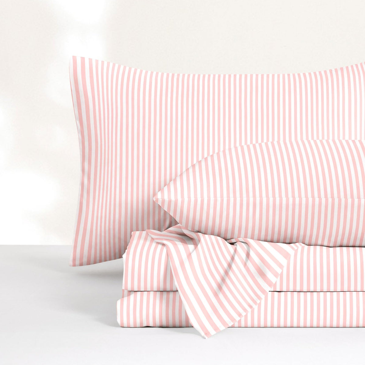 Wake In Cloud - Striped Bed Sheets, 4-Piece Sheet Set, Ticking Vertical Pin Stripe Modern Farmhouse Pattern Printed Bedding, Deep Pocket, Light Brown White, Queen Size