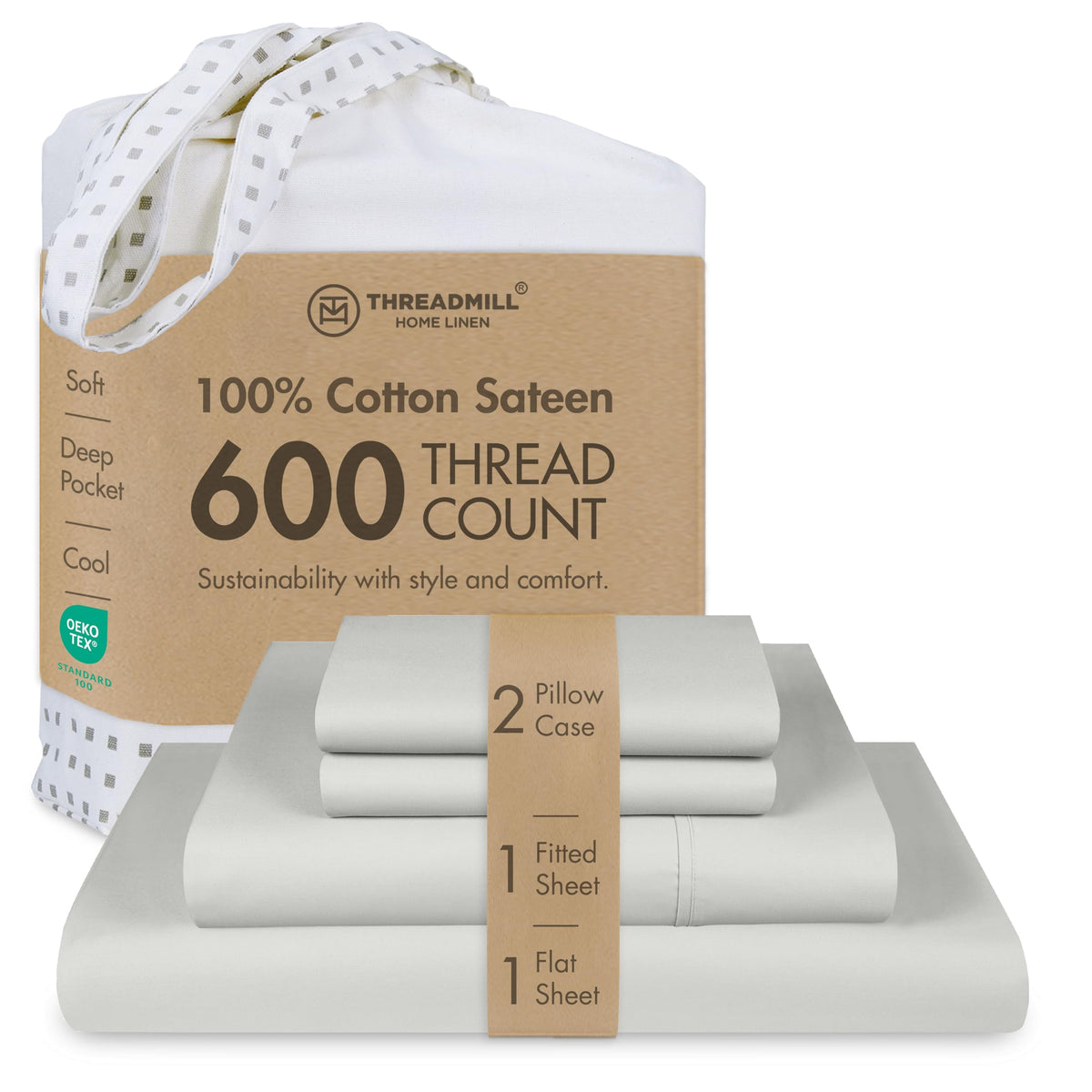 Threadmill 600 Thread Count Cotton Queen Sheet Set, Sateen, Dark Grey