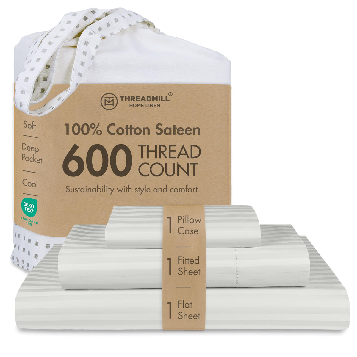 Threadmill 600 Thread Count Cotton Queen Sheet Set, Sateen, Dark Grey