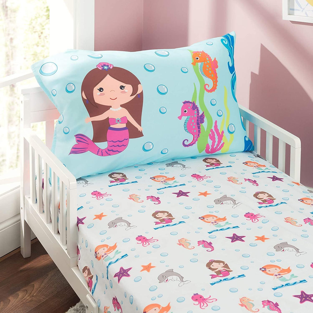 Everyday Kids Toddler Fitted Sheet and Pillowcase Set -Princess Storyland- Soft Breathable Microfiber Toddler Sheet Set