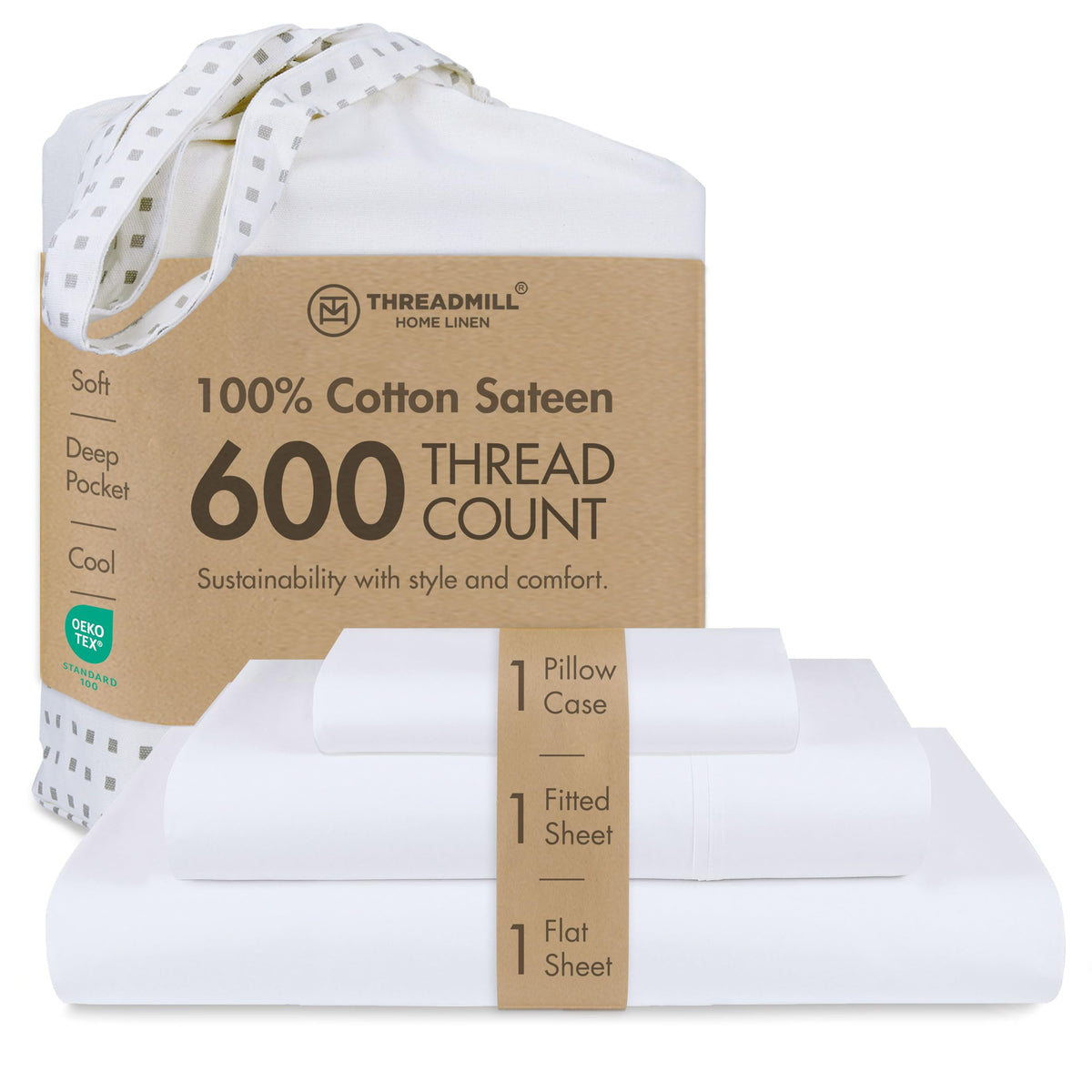 Threadmill 600 Thread Count Cotton Queen Sheet Set, Sateen, Dark Grey