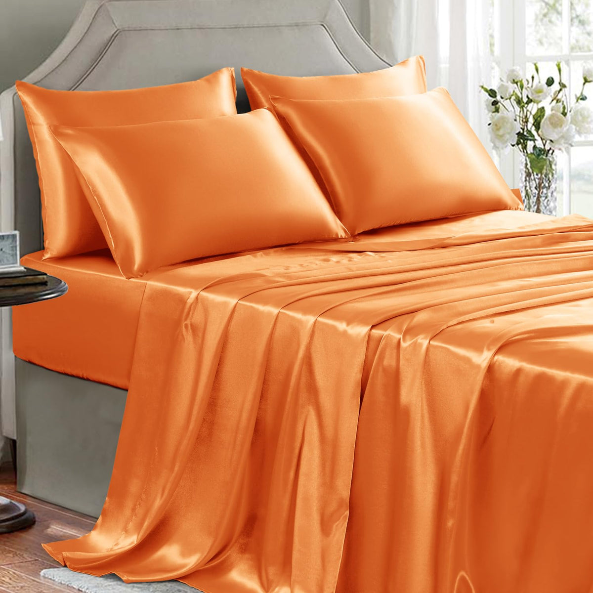 Satin Sheets Full Size - 4 Pieces Luxury Silky Soft Bed Sheets, Wrinkle-Free Black Satin Silk Sheet Set with 1 Deep Pocket Fitted Sheet, 1 Flat Sheet, 2 Pillow Cases