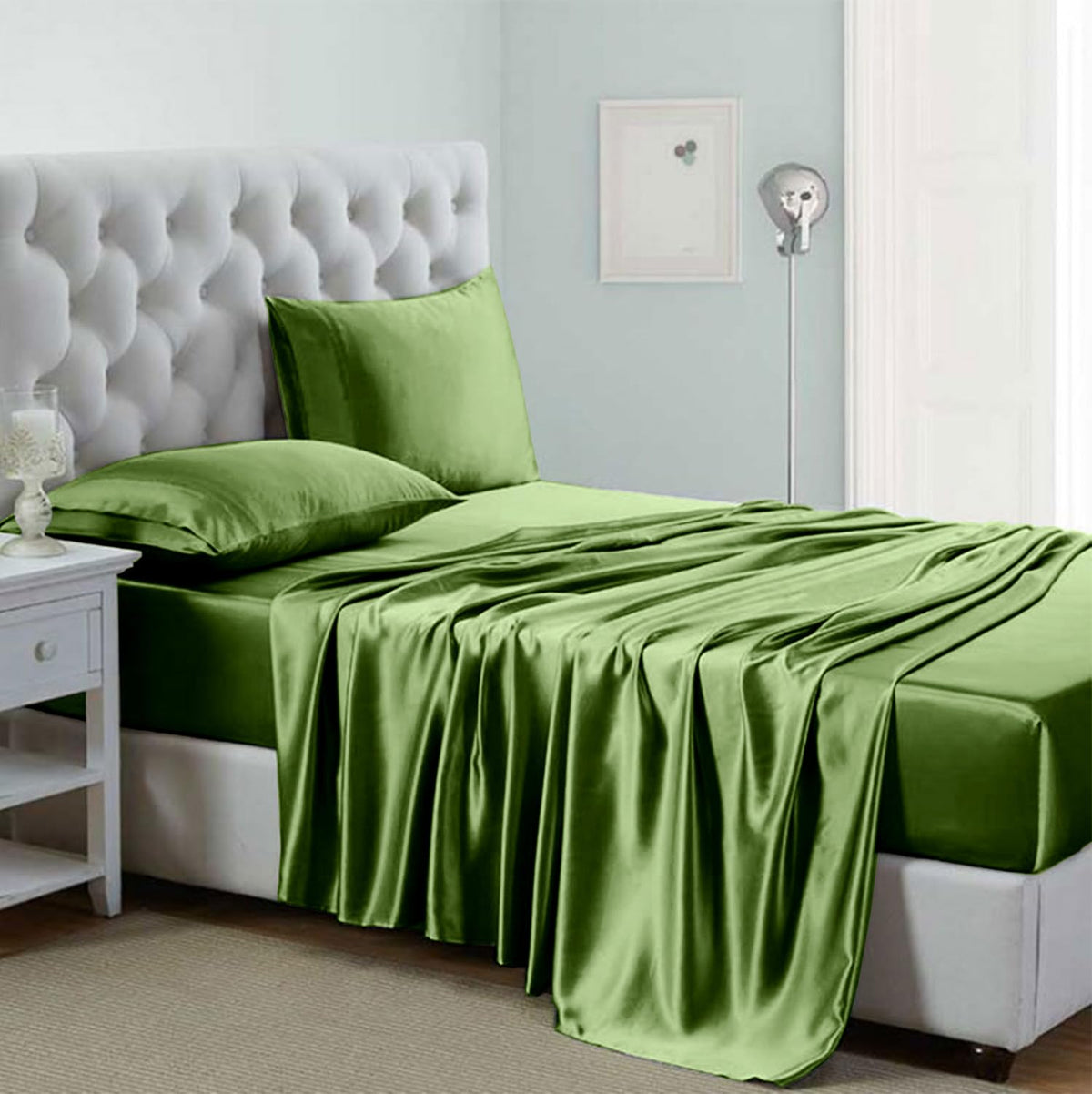 Silk like Satin Sheets, Queen Size Bed Sheet Set, Light Gray, 4 Piece