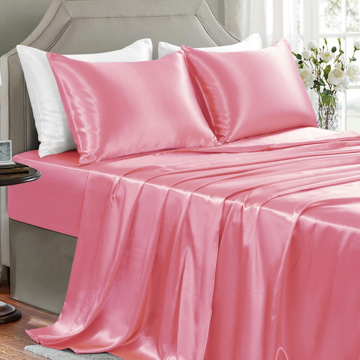 Satin Sheets Full Size - 4 Pieces Luxury Silky Soft Bed Sheets, Wrinkle-Free Black Satin Silk Sheet Set with 1 Deep Pocket Fitted Sheet, 1 Flat Sheet, 2 Pillow Cases