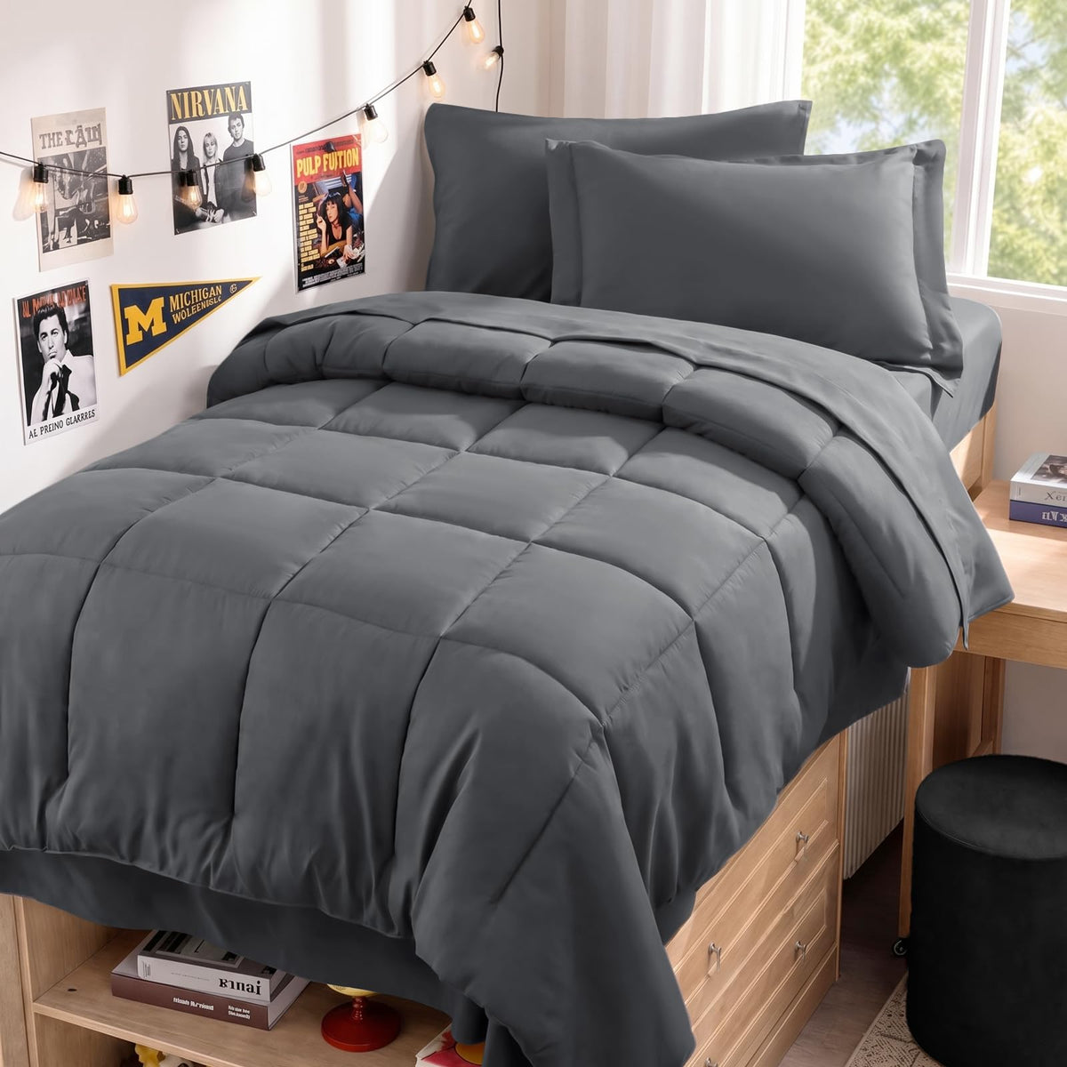 JOLLYVOGUE Queen Comforter Set, Ultra-Soft Bed in a Bag Queen Size 7 Pieces, Oeko-TEX Certified Bedding Set with Down Alternative Comforter, Sheets, Pillowcases & Shams, Black