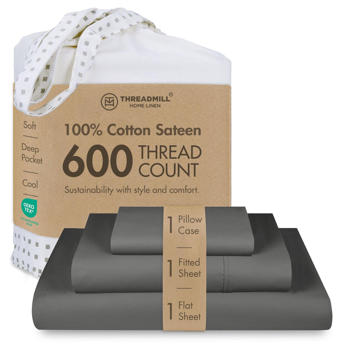 Threadmill 600 Thread Count Cotton Queen Sheet Set, Sateen, Dark Grey