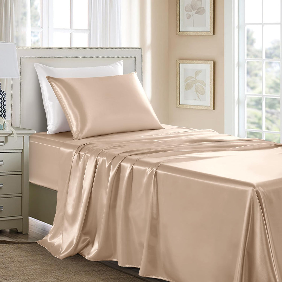 Satin Sheets Full Size - 4 Pieces Luxury Silky Soft Bed Sheets, Wrinkle-Free Black Satin Silk Sheet Set with 1 Deep Pocket Fitted Sheet, 1 Flat Sheet, 2 Pillow Cases