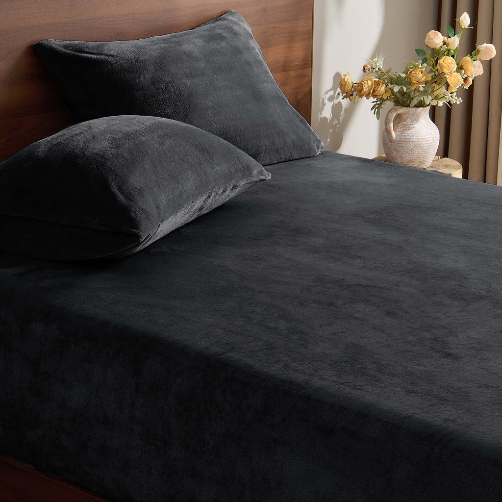 BEDELITE Fleece Queen Fitted Sheet & Pillowcases Set, Grey, 3 Pieces