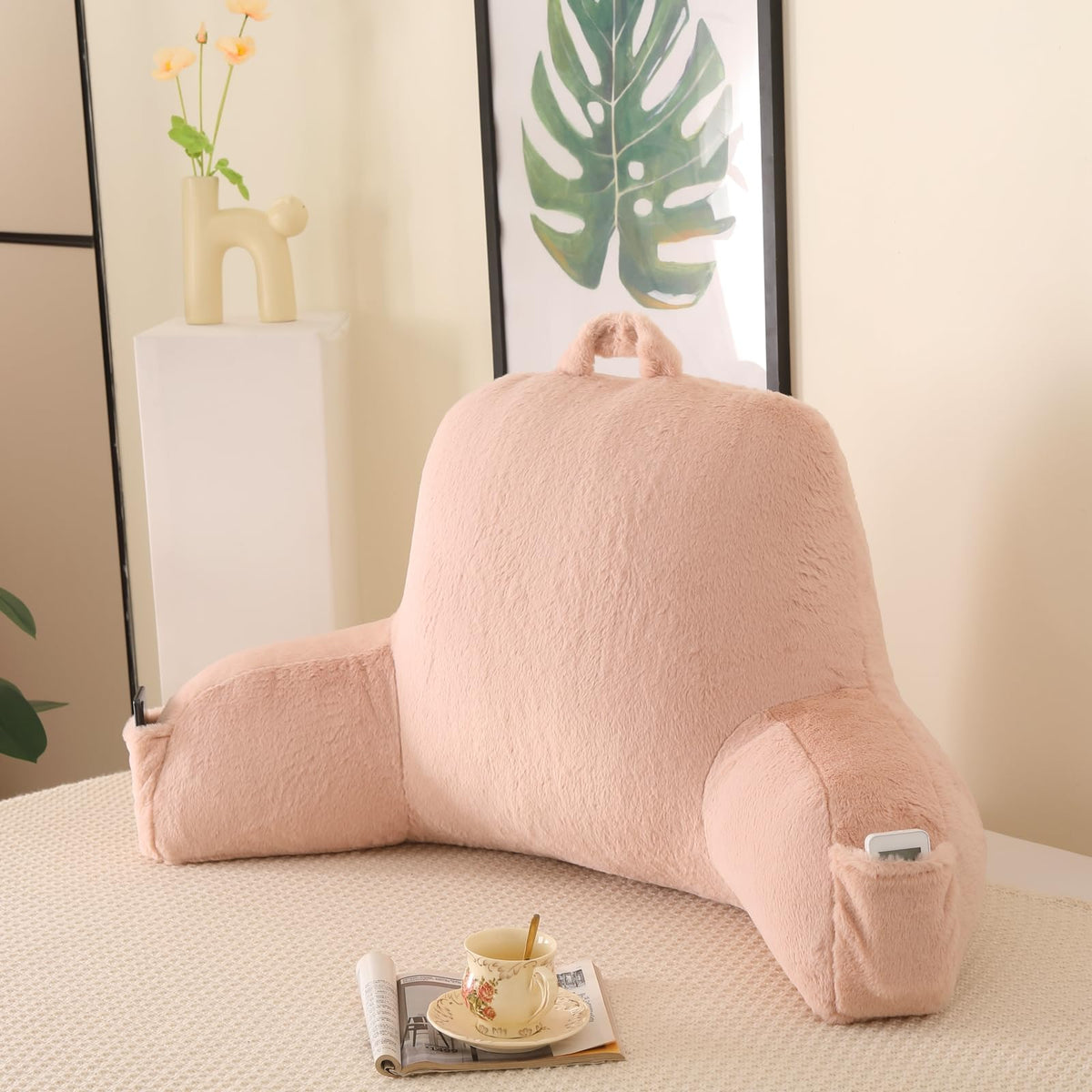 Reading Pillow for Sitting in Bed with Arm,White Corduroy, M