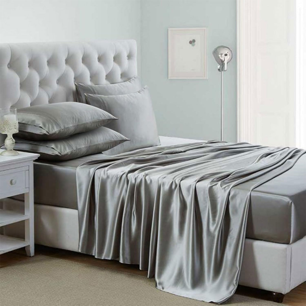 Silk like Satin Sheets, Queen Size Bed Sheet Set, Light Gray, 4 Piece