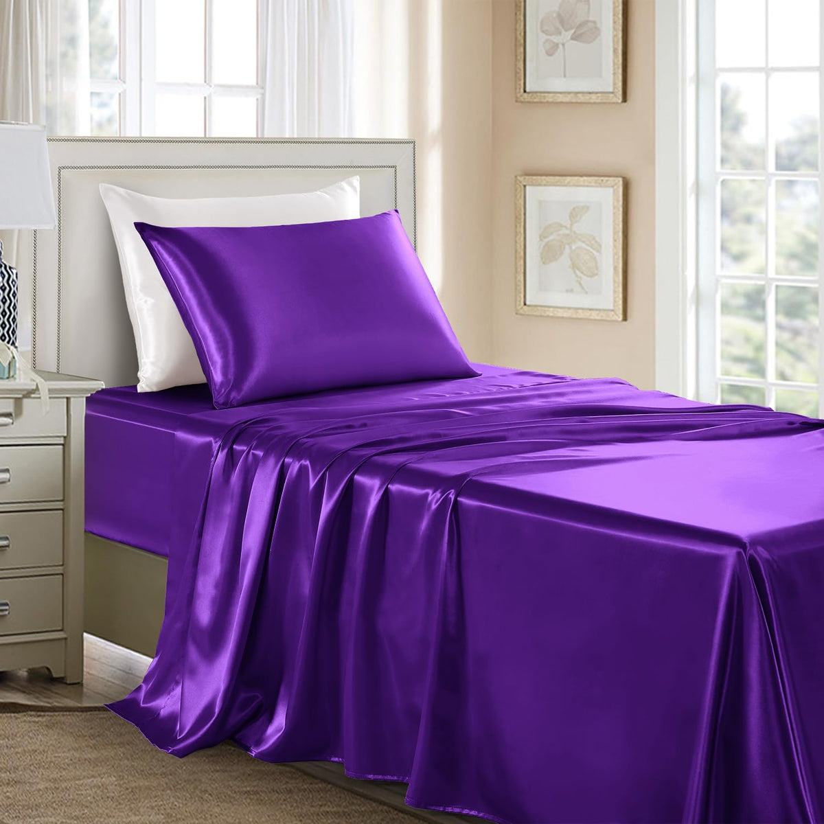 Satin Sheets Full Size - 4 Pieces Luxury Silky Soft Bed Sheets, Wrinkle-Free Black Satin Silk Sheet Set with 1 Deep Pocket Fitted Sheet, 1 Flat Sheet, 2 Pillow Cases