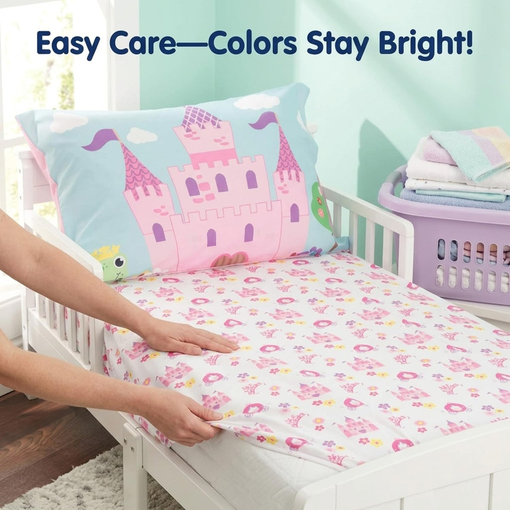 Everyday Kids Toddler Fitted Sheet and Pillowcase Set -Princess Storyland- Soft Breathable Microfiber Toddler Sheet Set