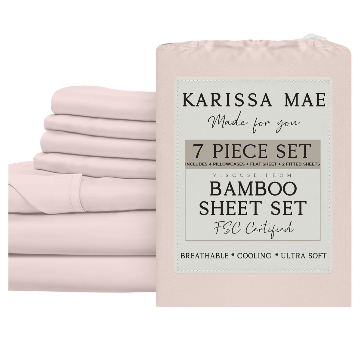 KARISSA MAE 7 Piece Luxury Bamboo Viscose Split King Sheets, FSC Certified
