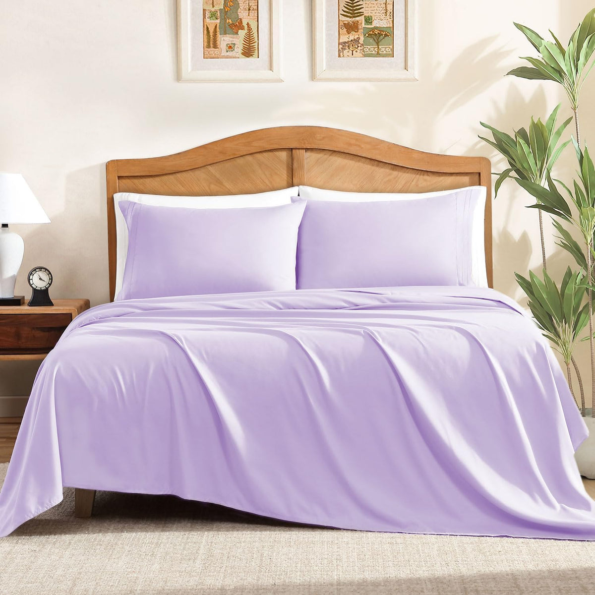 ClevaHome Queen Sheets Set, 4-Piece Fitted Queen Sheets, Lilac