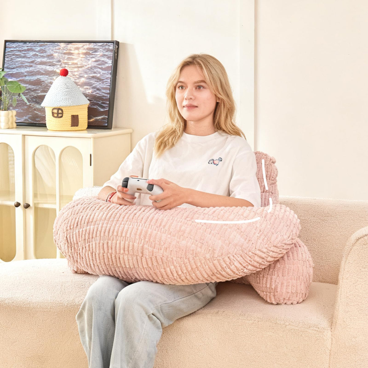 Reading Pillow for Sitting in Bed with Arm,White Corduroy, M