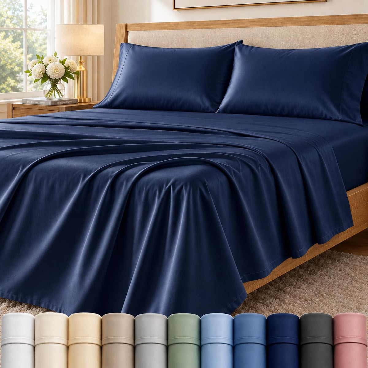 Queen Sheet Set, 400 Thread Count Bed Sheets Queen Size Set - French Blue