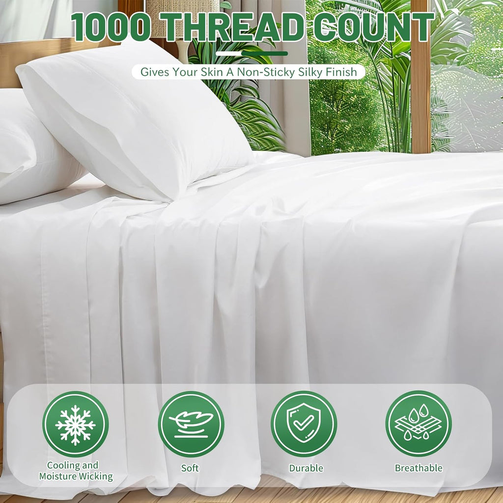1000 Thread Count Egyptian Cotton Sheets Queen Size Set 4PCS Sateen Weave Soft Breathable 16-Inch Deep Pocket（Queen,White）