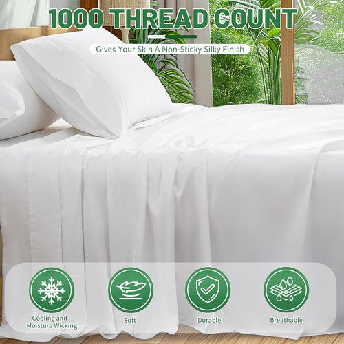 1000 Thread Count Egyptian Cotton Sheets Queen Size Set 4PCS Sateen Weave Soft Breathable 16-Inch Deep Pocket（Queen,White）