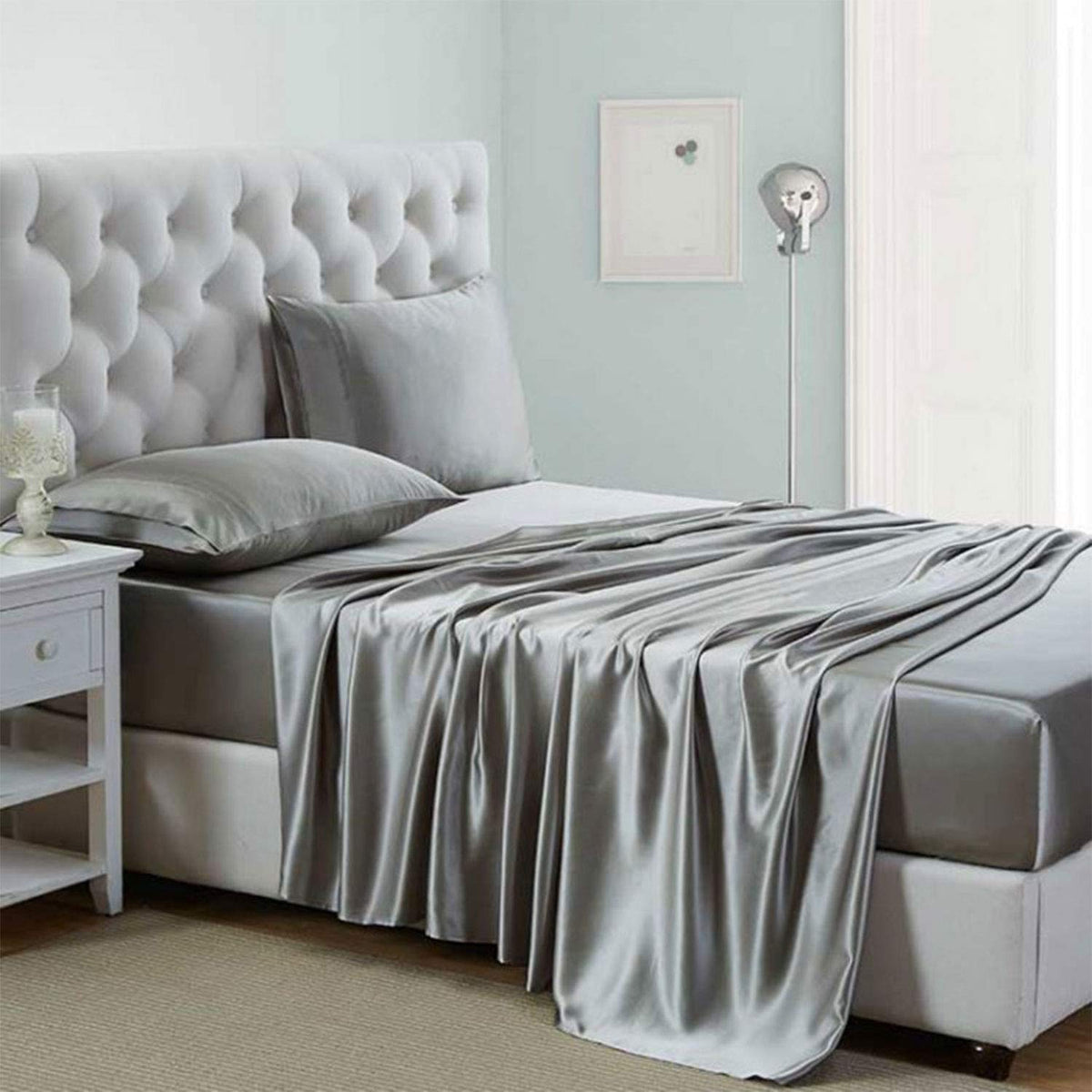 Silk like Satin Sheets, Queen Size Bed Sheet Set, Light Gray, 4 Piece
