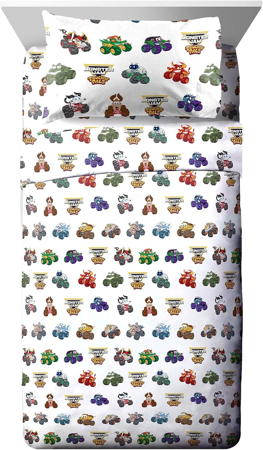 Jay Franco Kids Sheet Set with Fitted, Flat Sheets & Pillow Cover - Ultra-Soft Bedding with Pillowcase for Room Decor, White - Monster Jam, 3 Piece Toddler