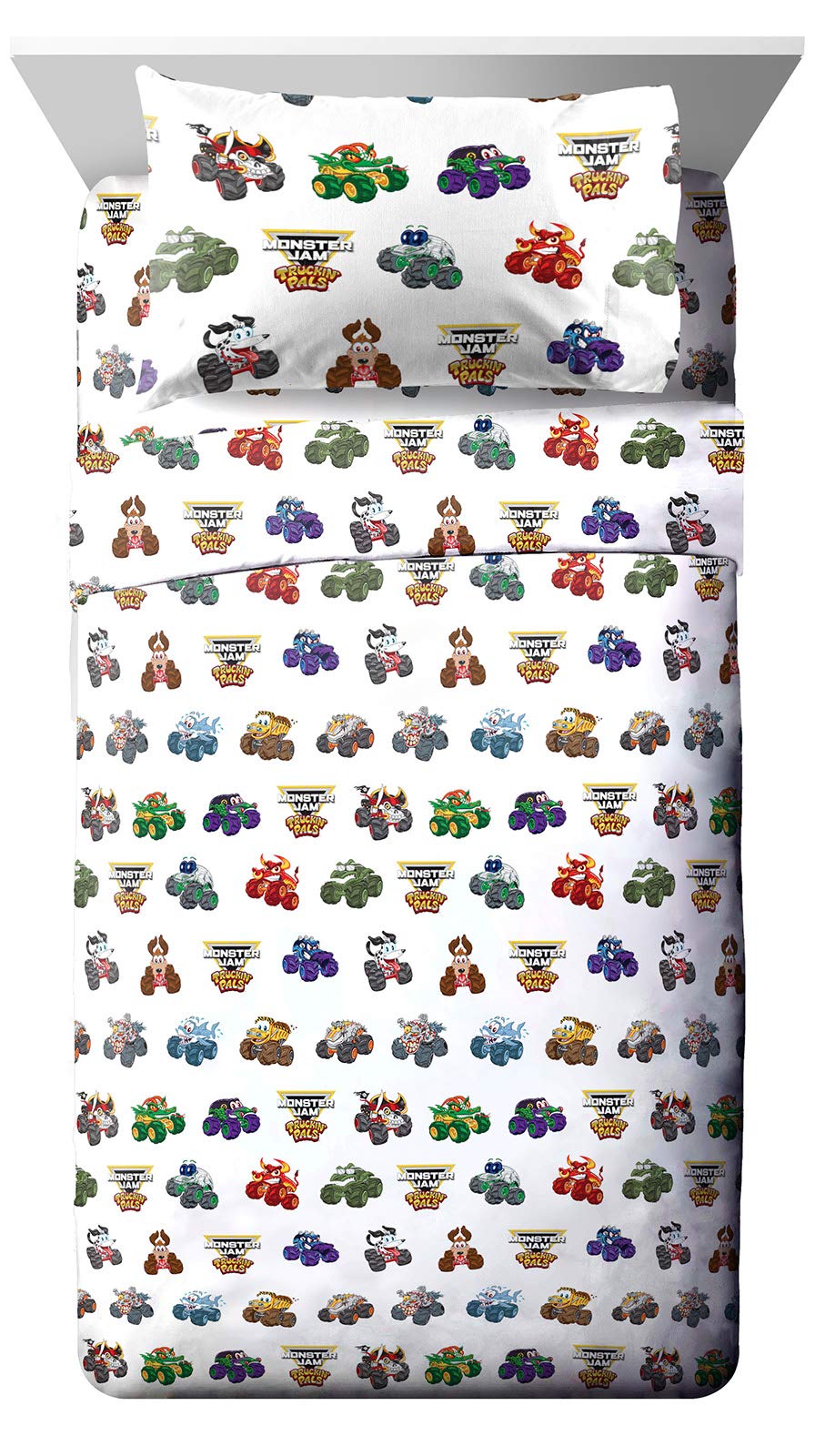 Jay Franco Kids Sheet Set with Fitted, Flat Sheets & Pillow Cover - Ultra-Soft Bedding with Pillowcase for Room Decor, White - Monster Jam, 3 Piece Toddler
