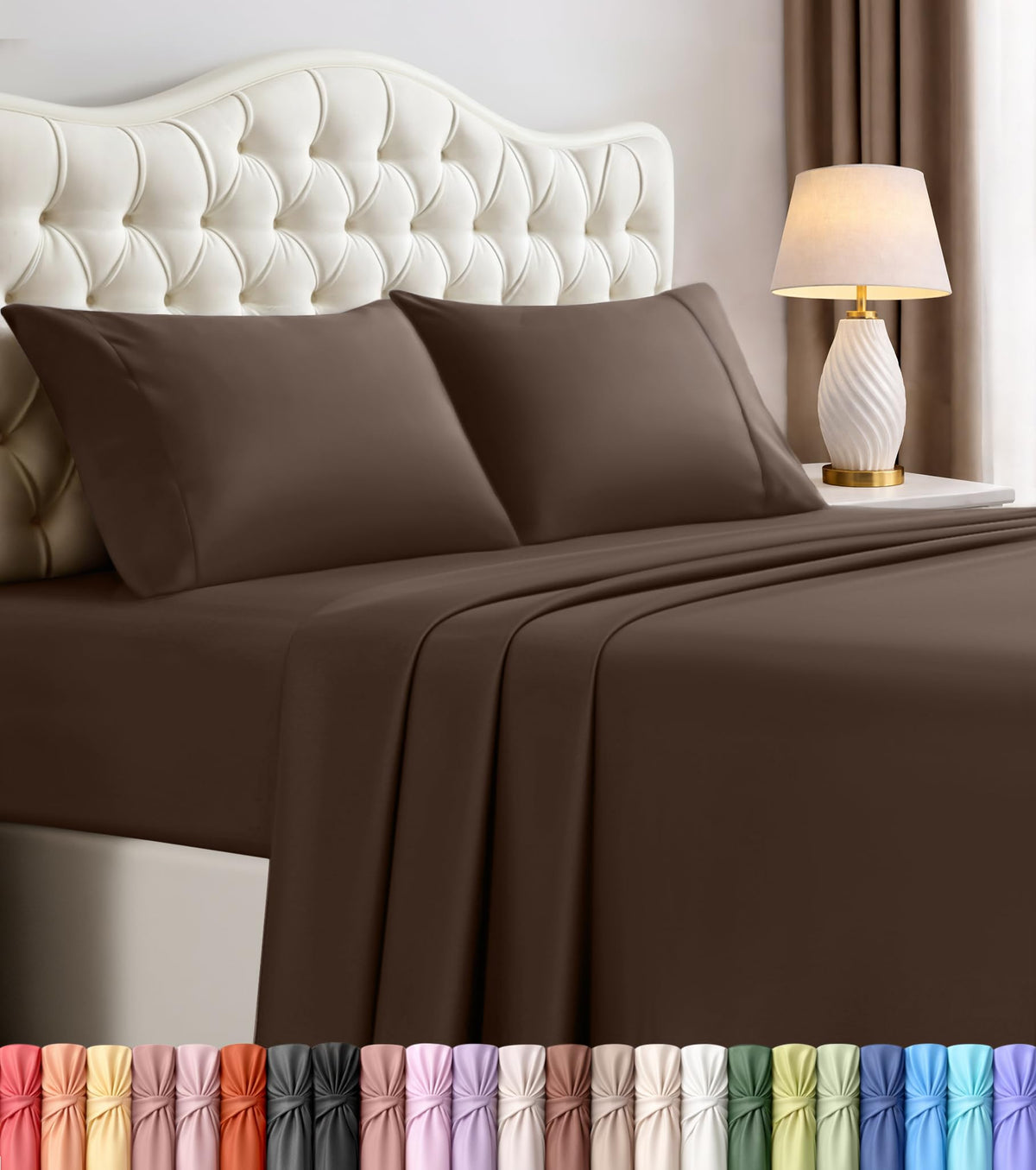 Queen Sheets Set, 4 Pieces 16" Deep Pocket Hotel Luxury Bed Sheets, Brown