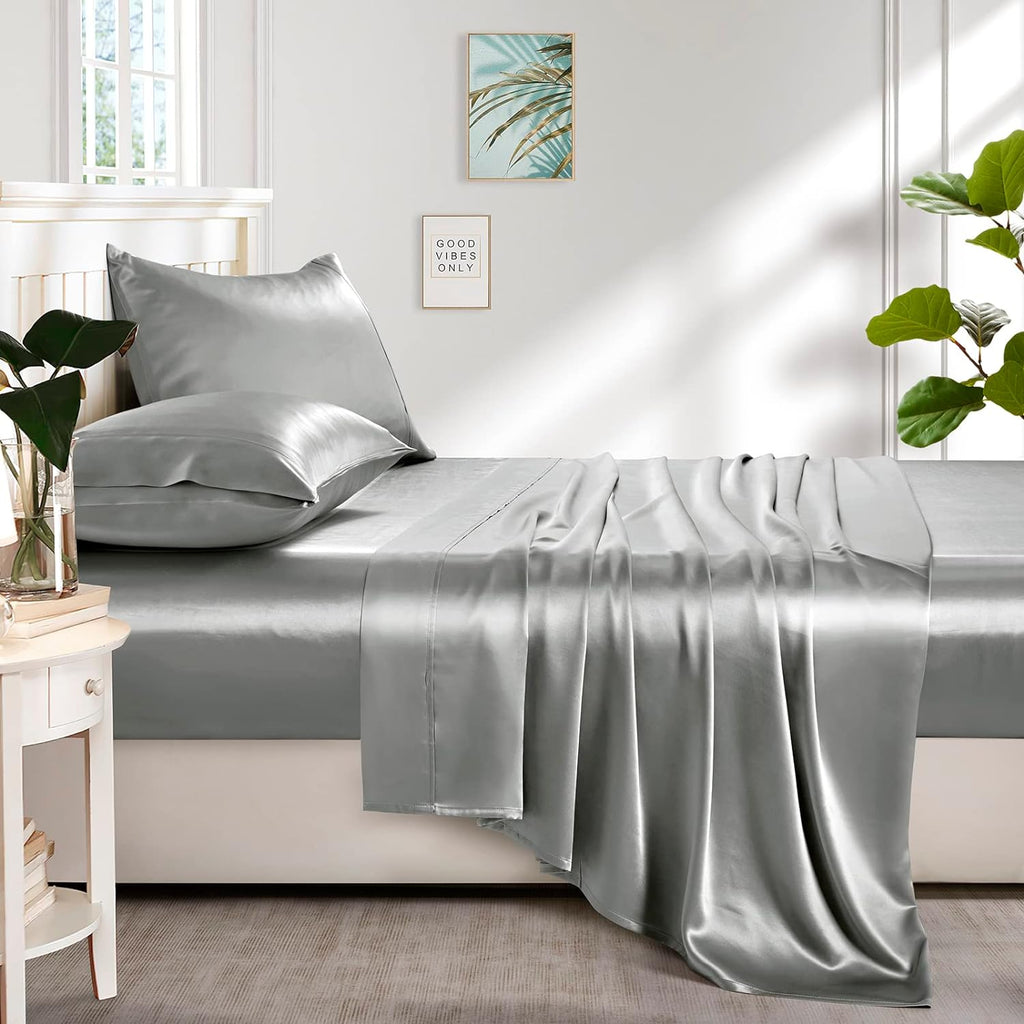 Silk like Satin Sheets, Queen Size Bed Sheet Set, Light Gray, 4 Piece