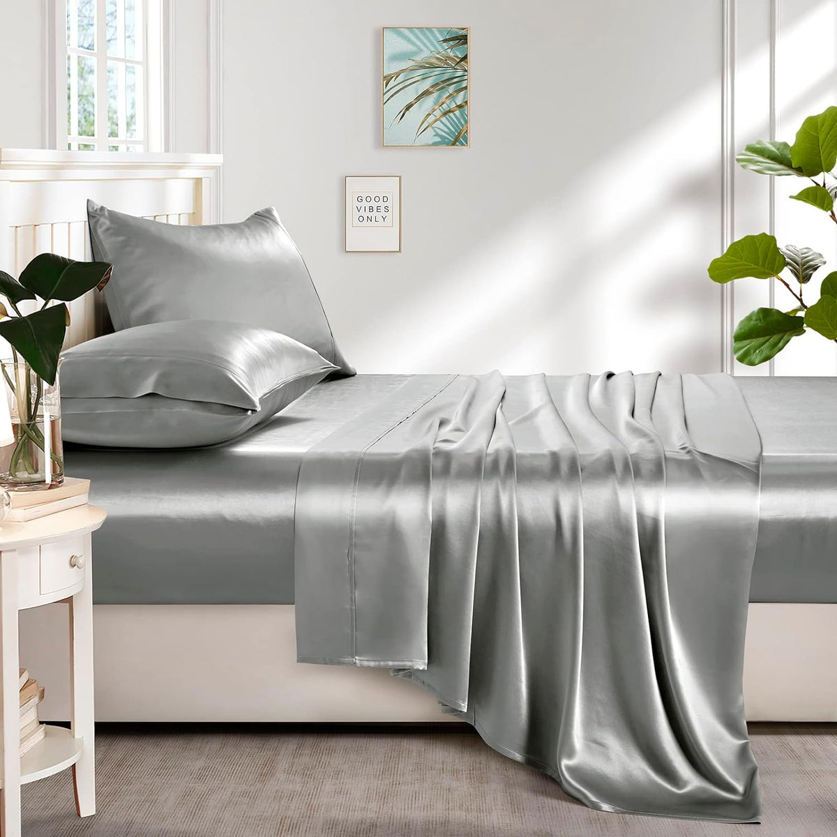 Silk like Satin Sheets, Queen Size Bed Sheet Set, Light Gray, 4 Piece