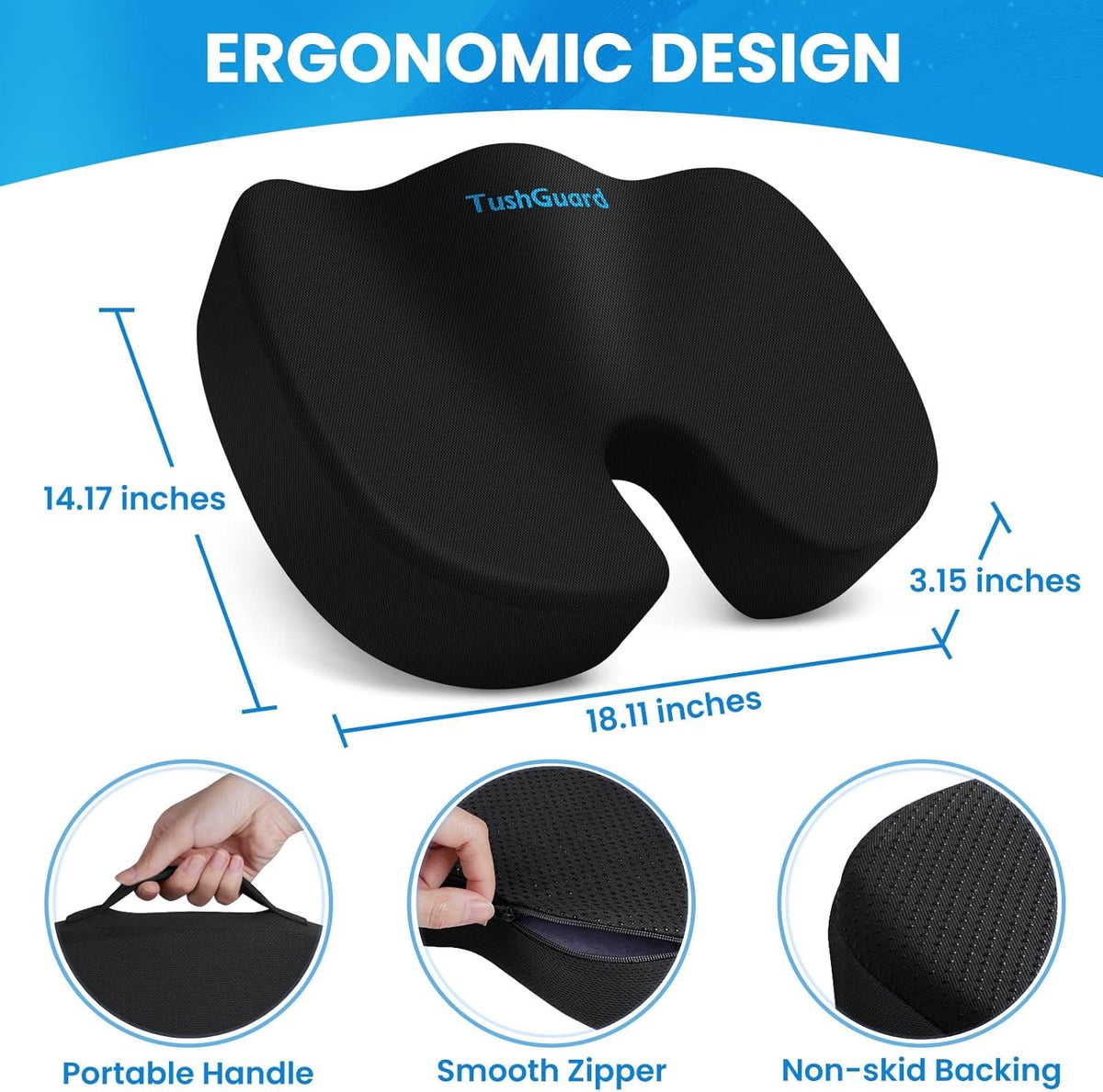 TushGuard Seat Cushion for Office Chair, Memory Foam Chair Cushion, Black