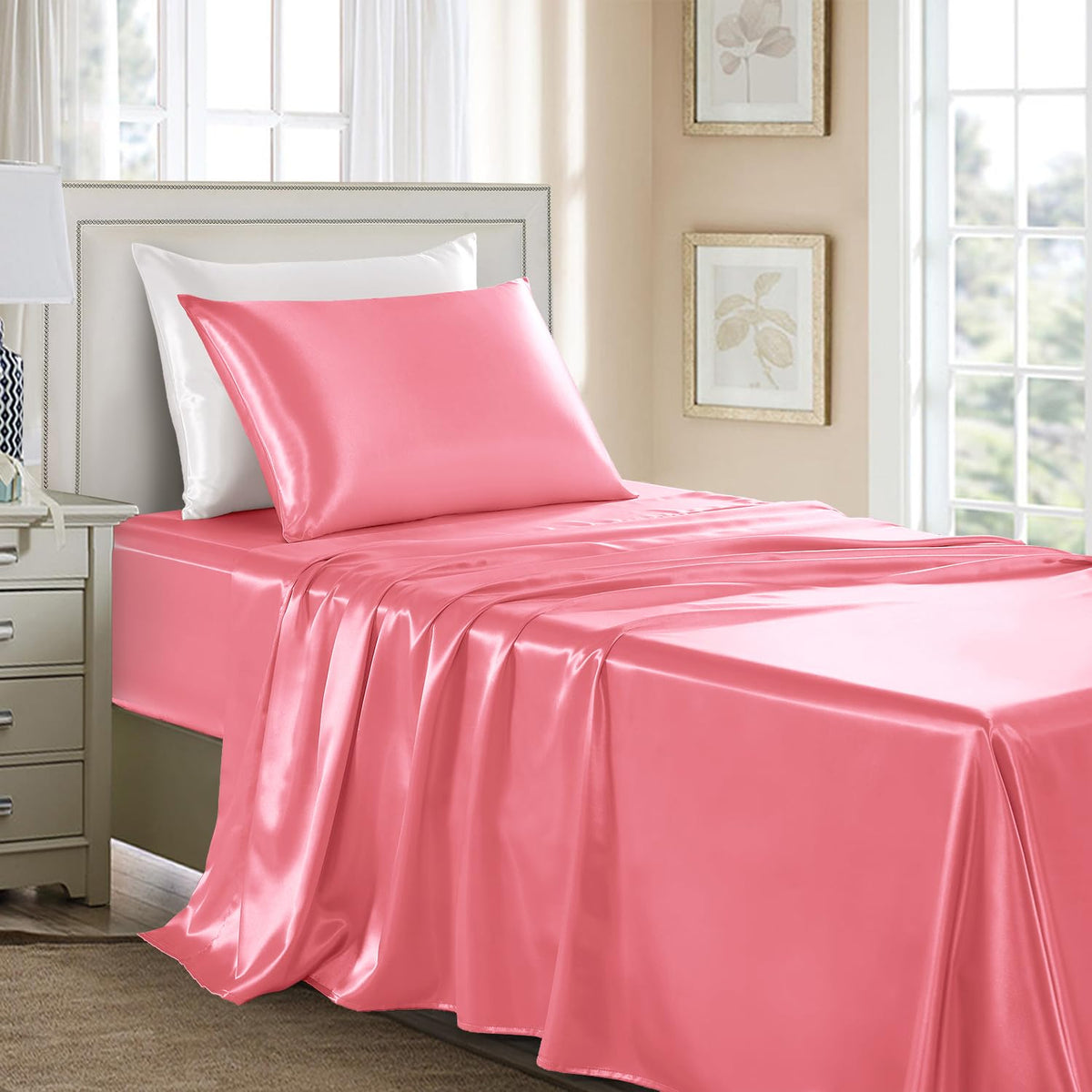 Satin Sheets Full Size - 4 Pieces Luxury Silky Soft Bed Sheets, Wrinkle-Free Black Satin Silk Sheet Set with 1 Deep Pocket Fitted Sheet, 1 Flat Sheet, 2 Pillow Cases