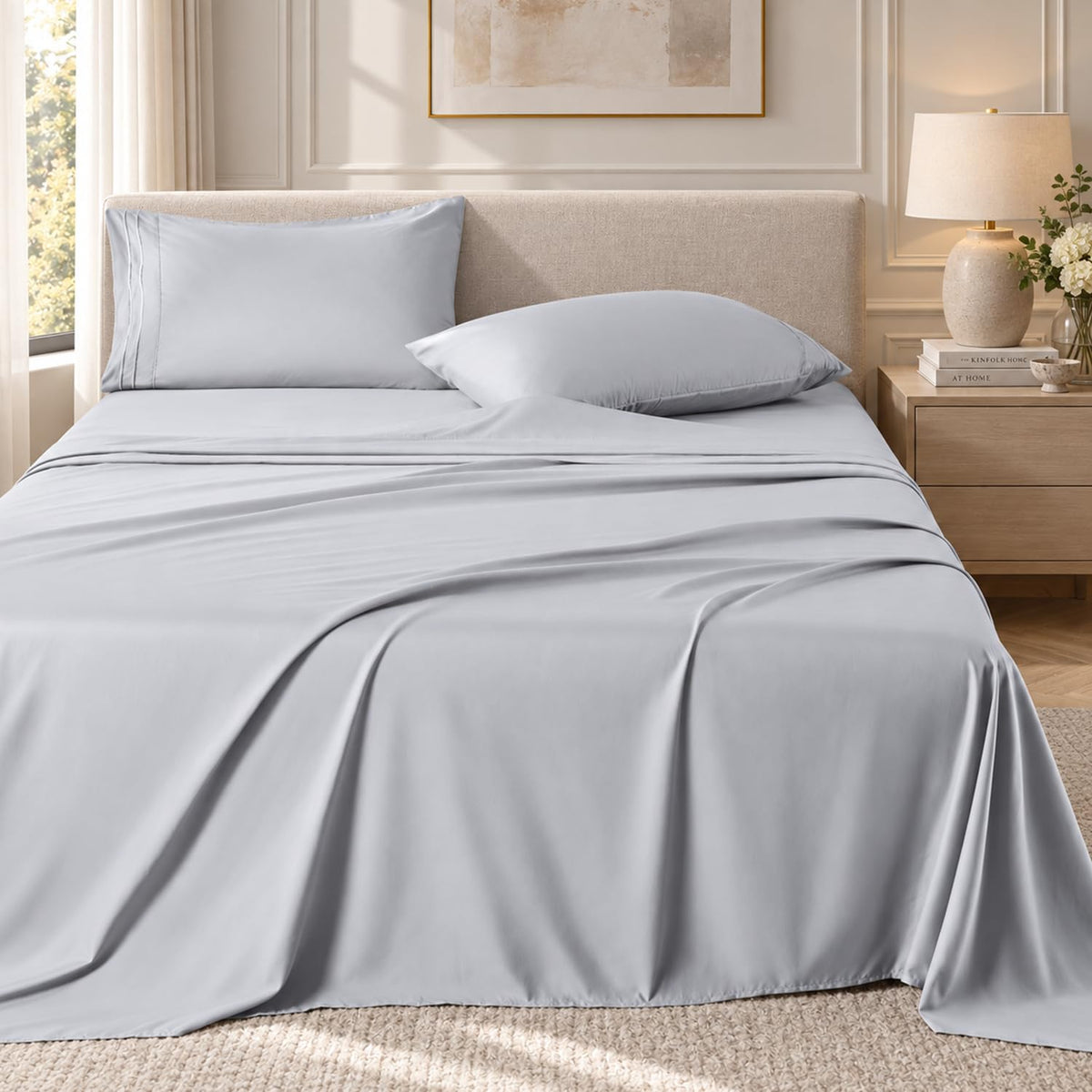 ROSE&RISY White Queen Sheet Set, 4 Pieces Soft Bedding Queen Sheet Set, Breathable and Cooling Sheets, Deep Pocket with 1 Fitted, 1 Flat, 2 Pillow Cases (White, Queen Size)