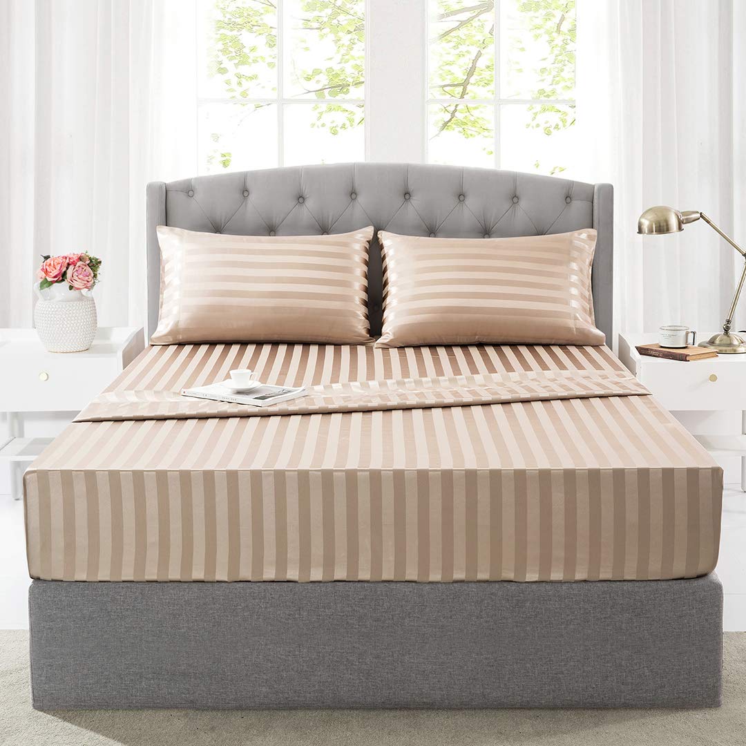 Silk like Satin Sheets, Queen Size Bed Sheet Set, Light Gray, 4 Piece