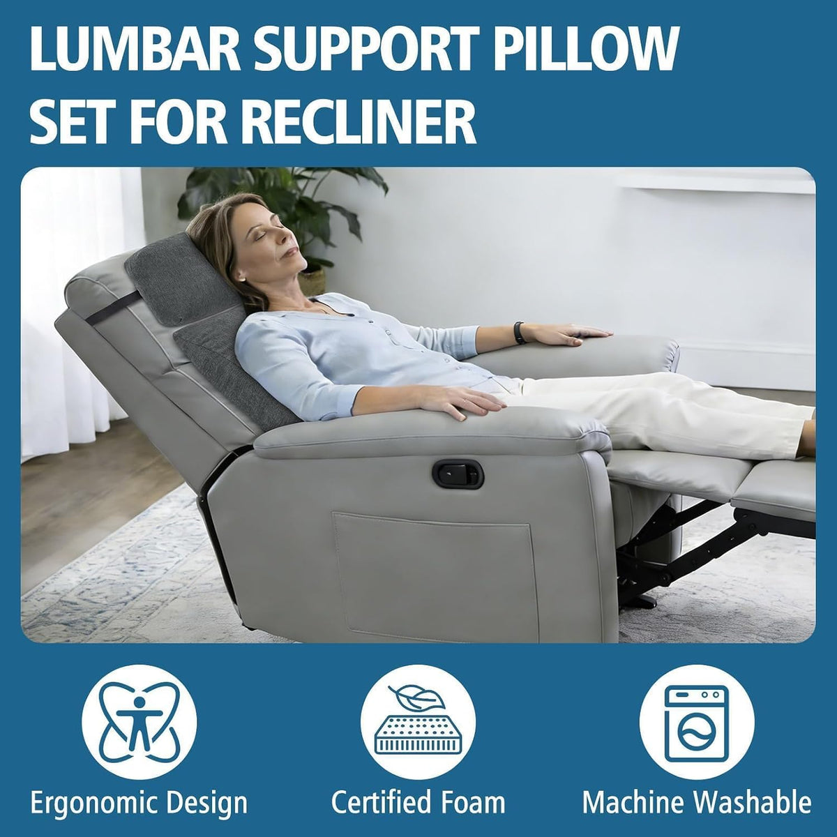 Lumbar Support Pillow for Recliner Chair with Headrest, Dual-Layer Large Back Pillow for Deep Couch & Sofa, Memory Foam Lower Back Support Cushion Set for Sciatica Relief Dark Grey