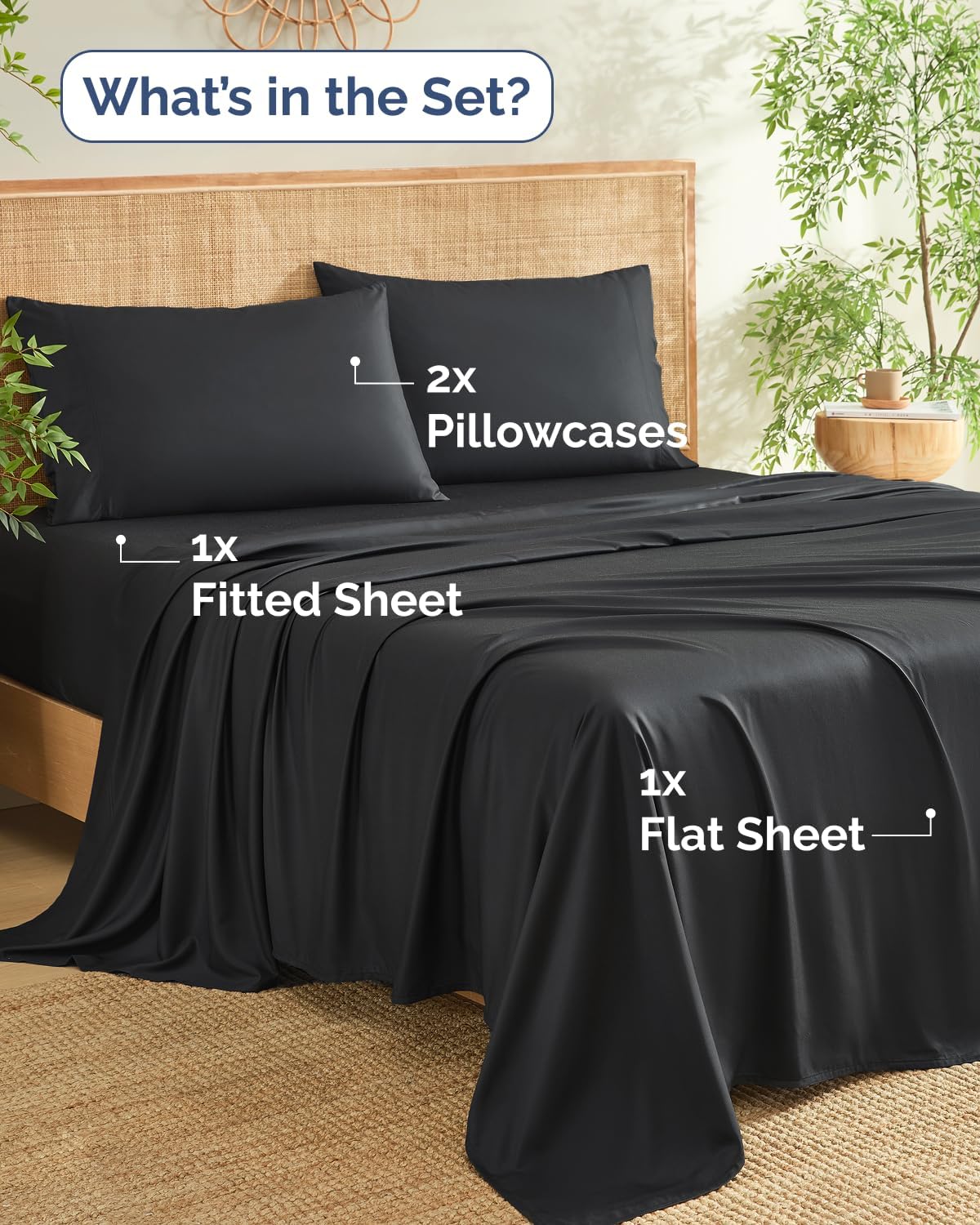 100% Rayon Derived from Bamboo - Bamboo Sheets Queen Size - Black