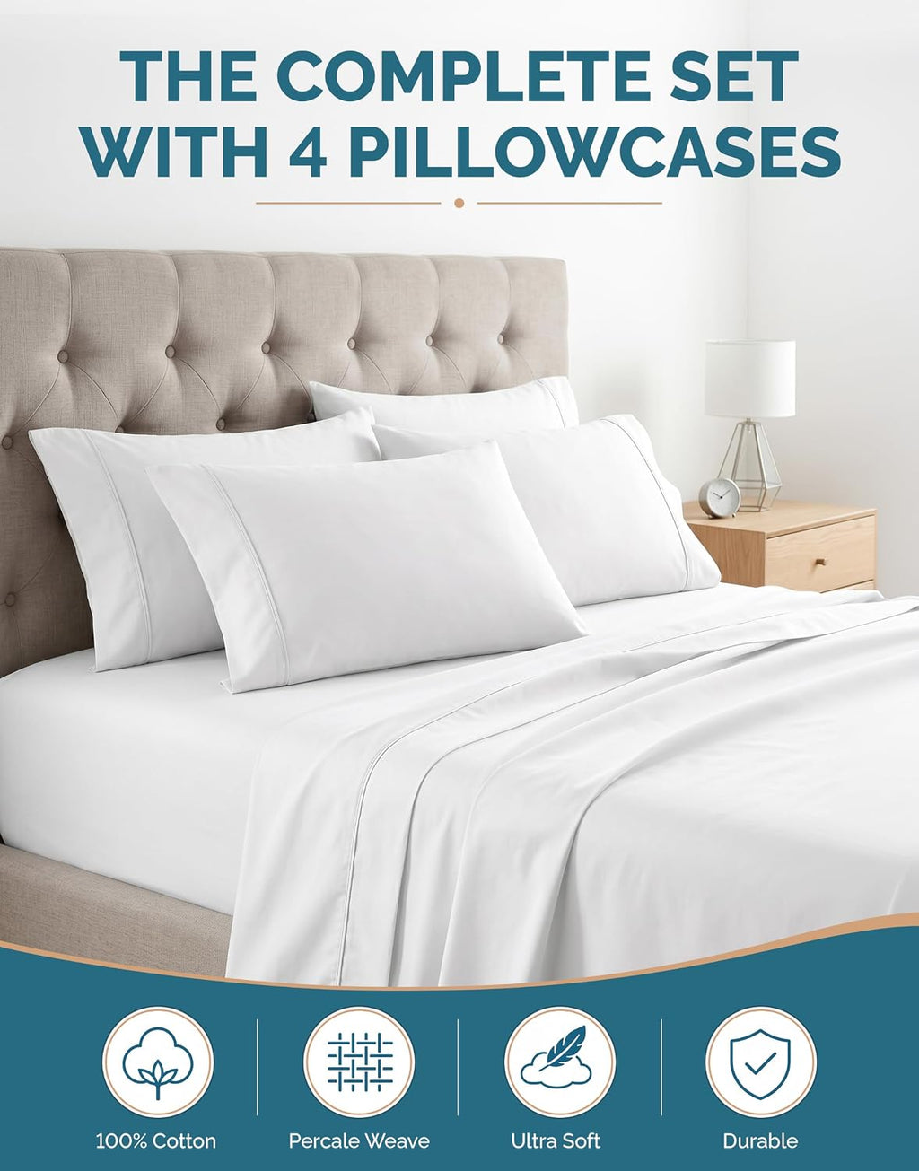 Casa Platino King Size Sheets Set –100% Cotton King Sheets with 4 Pillowcases, Lightweight Feel & Secure Fit, Crisp & Breathable Percale Weave with 15" Deep Pocket, Soft and Cozy – Pure White