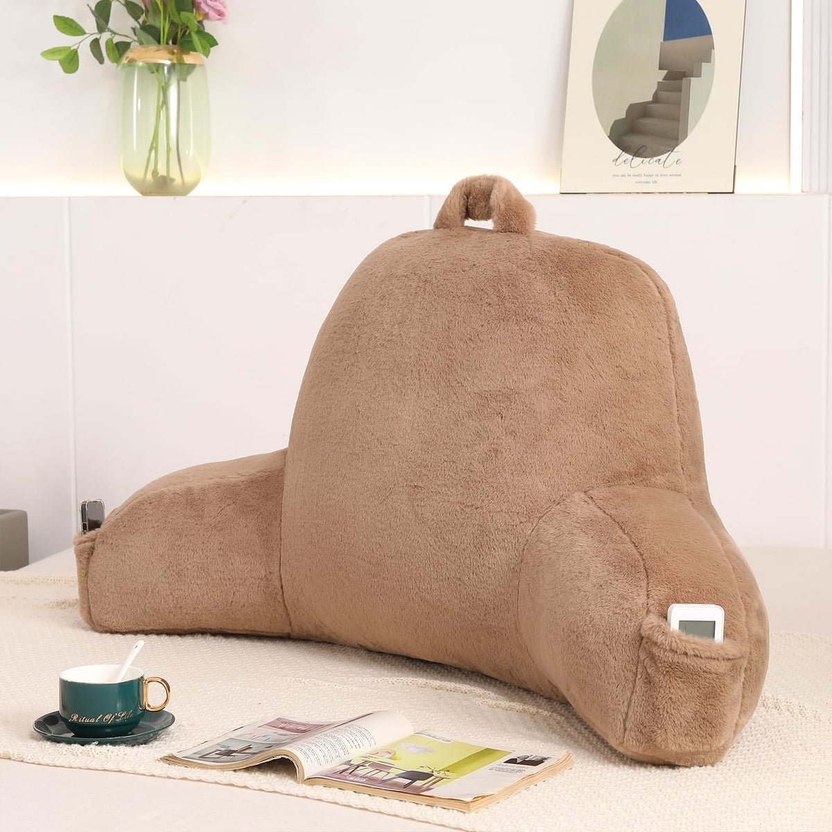 Reading Pillow for Sitting in Bed with Arm,White Corduroy, M