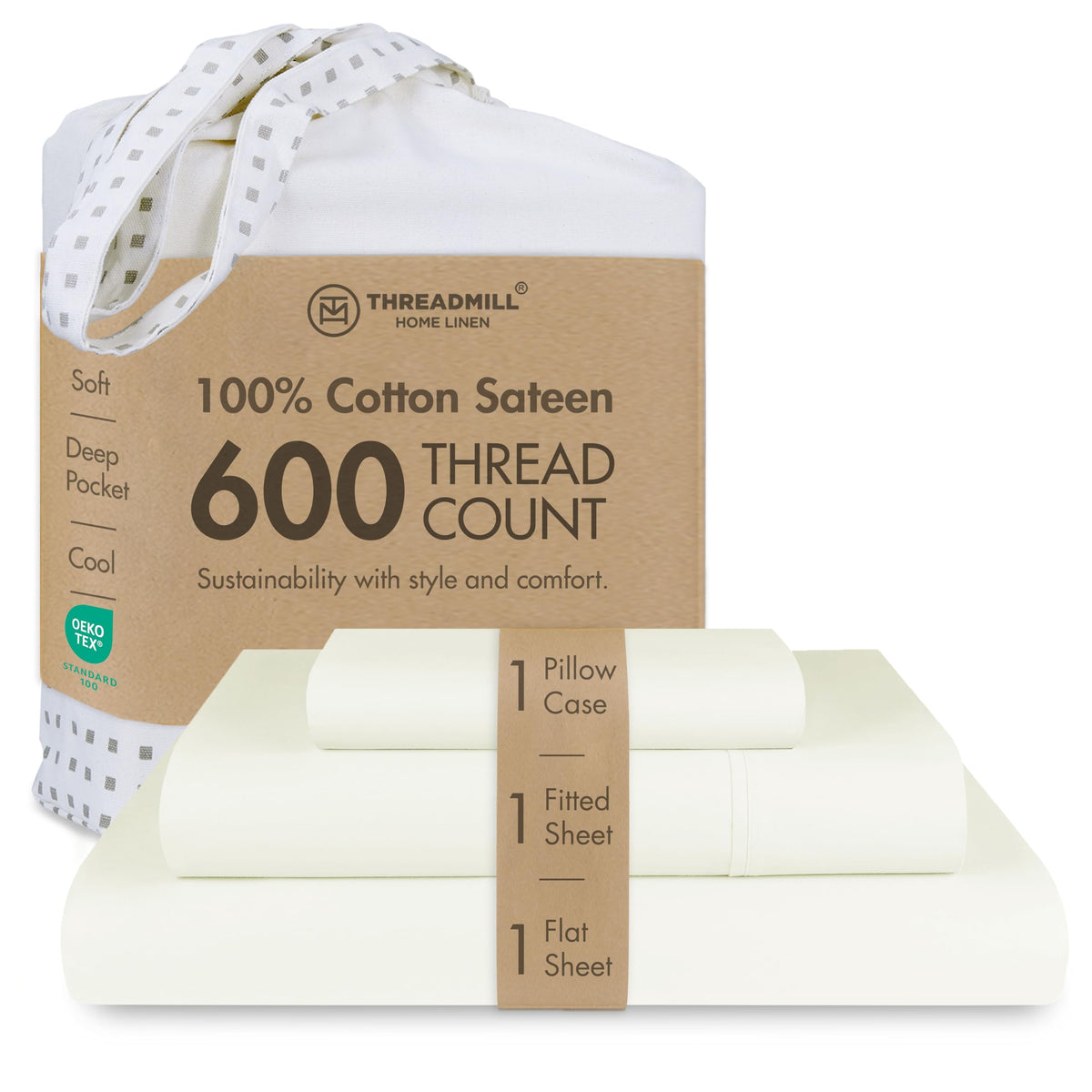 Threadmill 600 Thread Count Cotton Queen Sheet Set, Sateen, Dark Grey