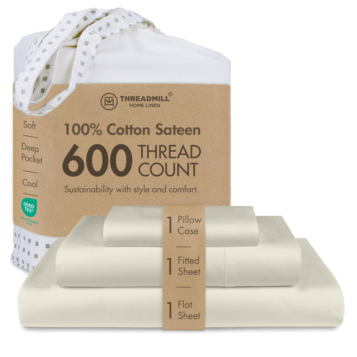 Threadmill 600 Thread Count Cotton Queen Sheet Set, Sateen, Dark Grey