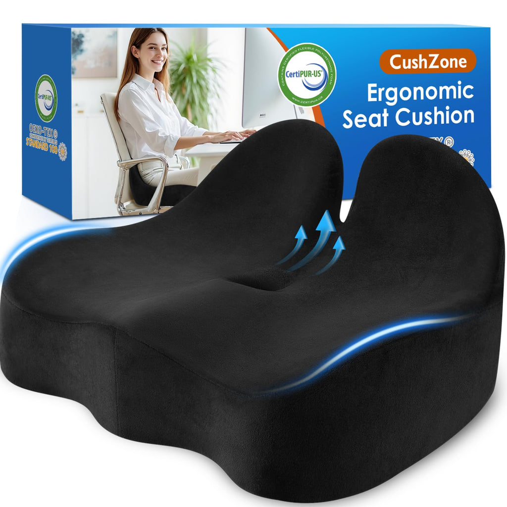 CushZone Ergonomic Seat Cushion, Sciatica Support for Office Chair, Black