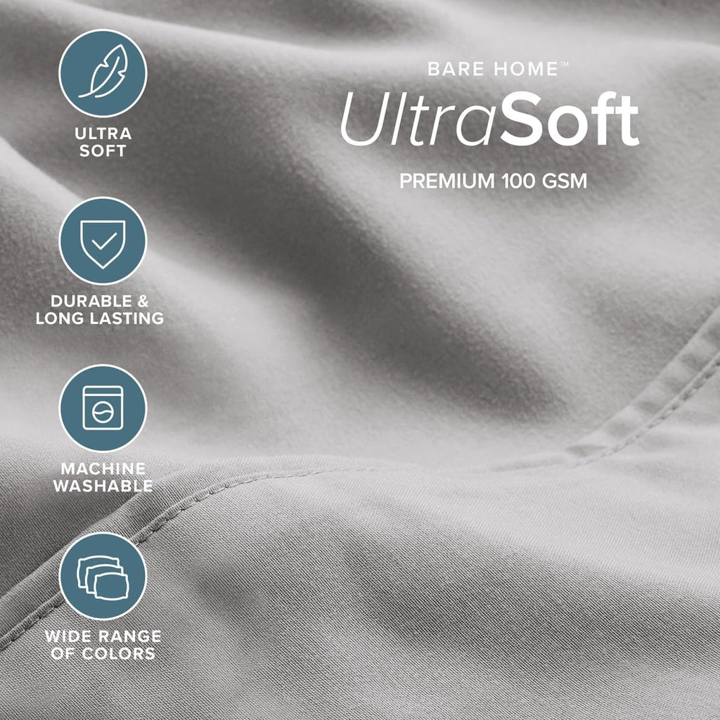 Bare Home Sheet Set 1800 Ultra-Soft with 2 Pillowcases (Twin XL, Light Grey)