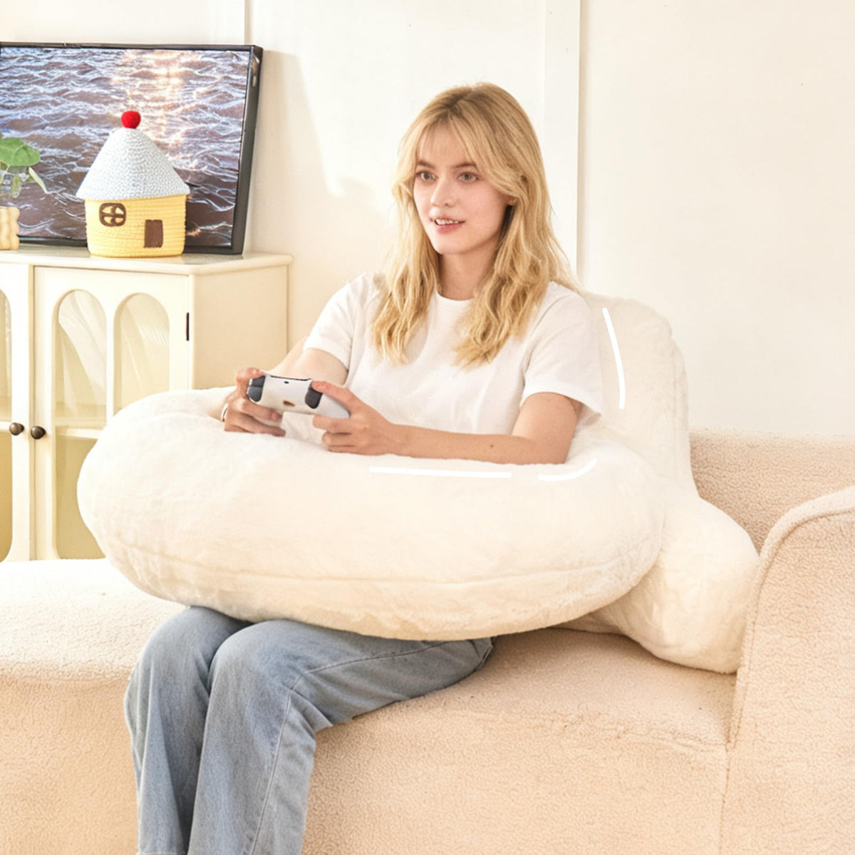 Reading Pillow for Sitting in Bed with Arm,White Corduroy, M