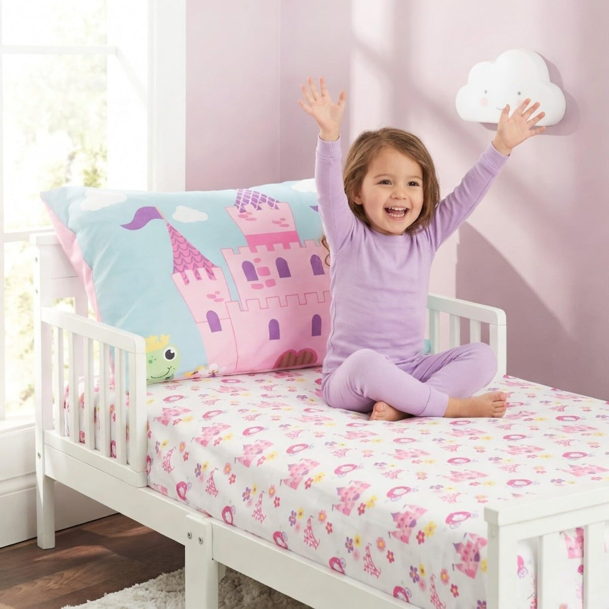Everyday Kids Toddler Fitted Sheet and Pillowcase Set -Princess Storyland- Soft Breathable Microfiber Toddler Sheet Set