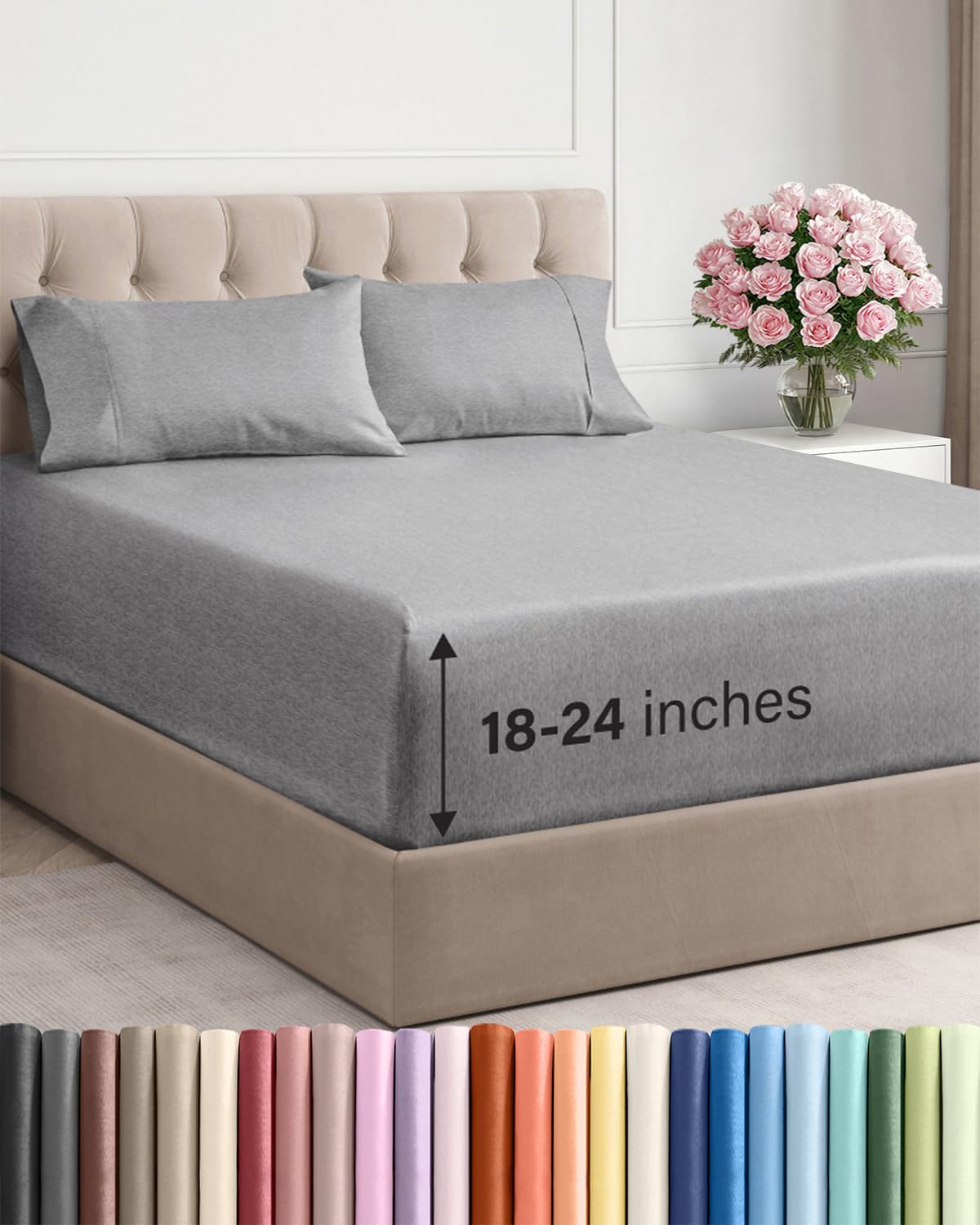 Extra Deep Queen Sheet Set - 4 Piece Breathable Cooling Sheets - Dark Grey